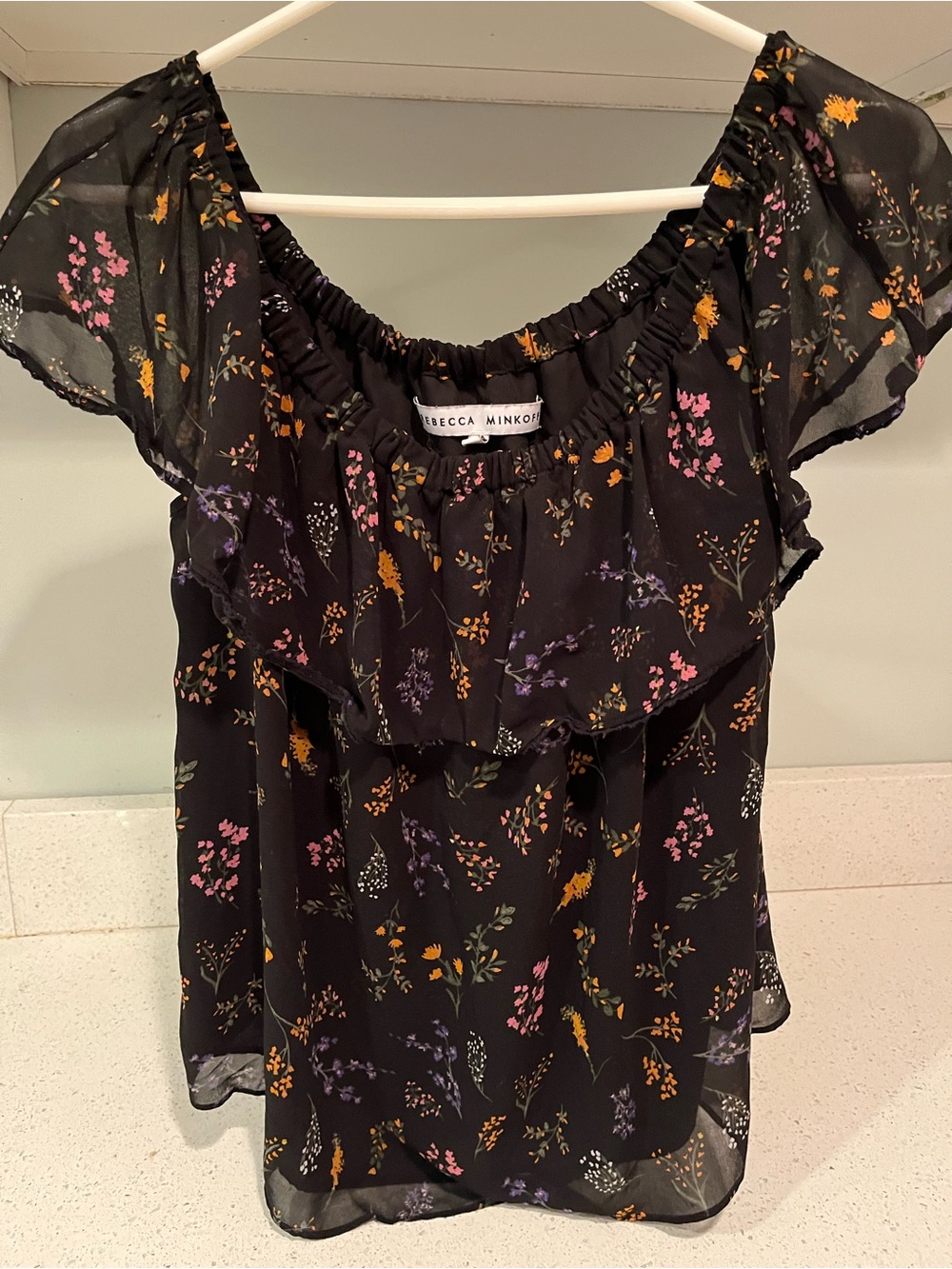 Rebecca Minkoff Black Floral Ruffled Off-Shoulder Blouse - Size L